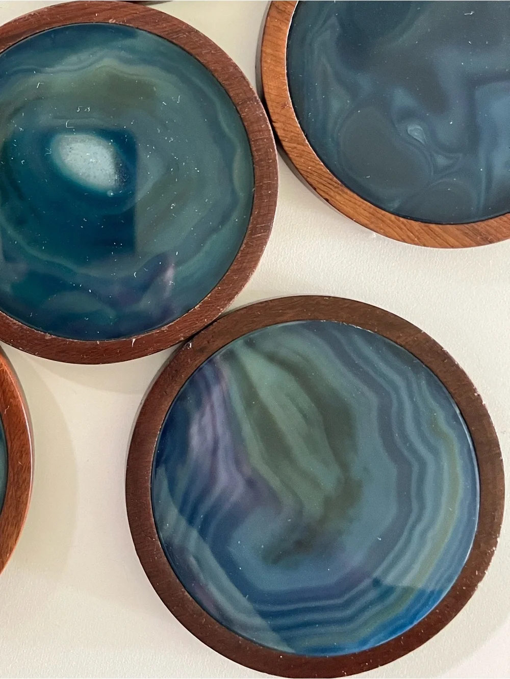 Vintage Brazilian Rosewood and blue agate slice coaster set of six with caddy.
